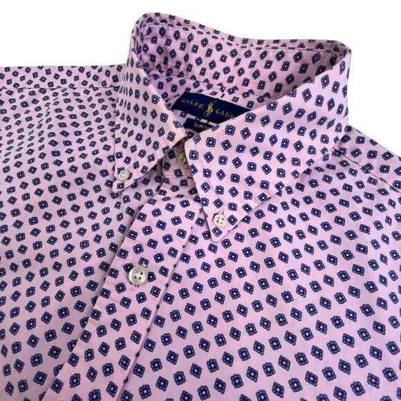 Polo Ralph Lauren Shirt Mens M Slim Fit Pink Geometric Floral Print Preppy - Picture 1 of 11